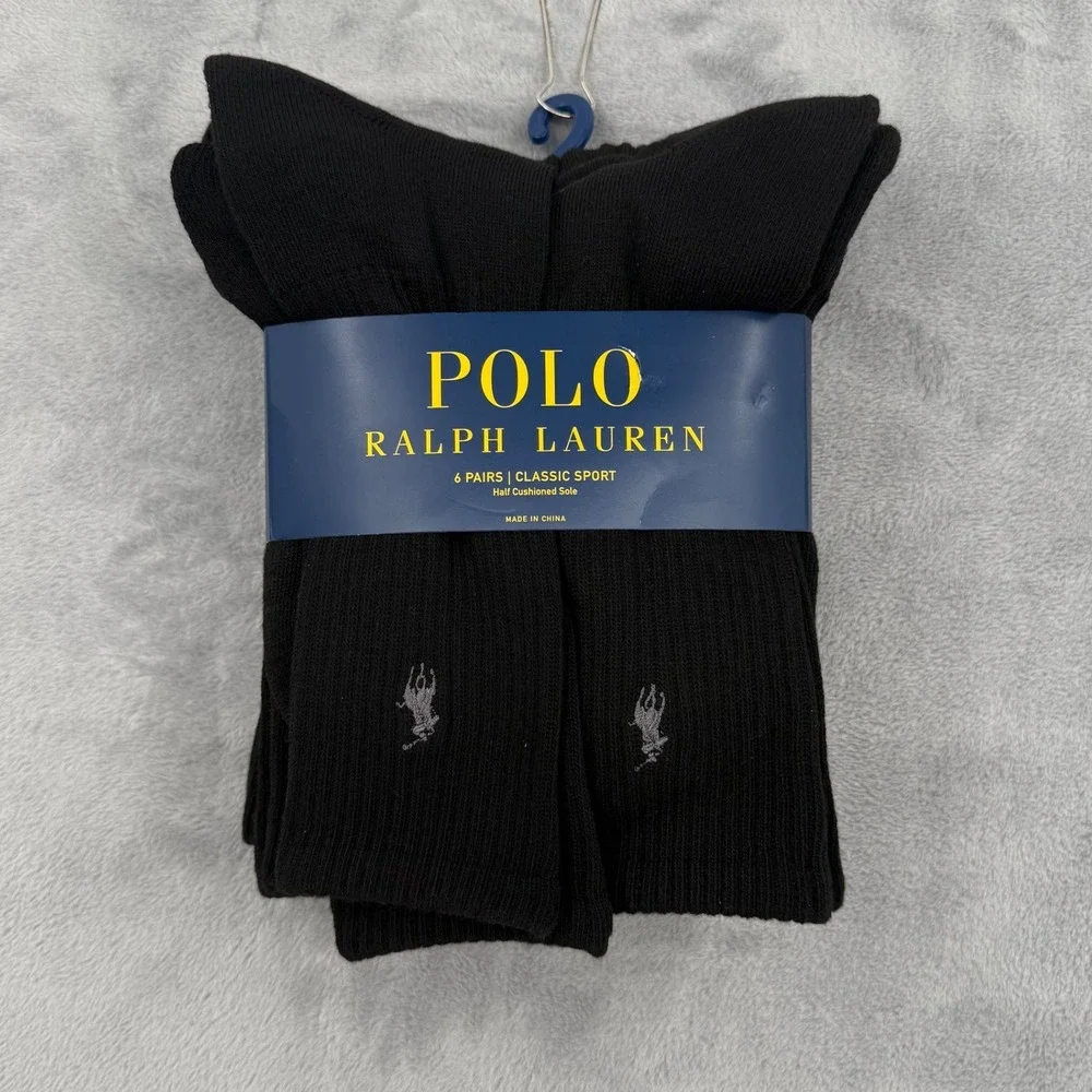 Polo Ralph Lauren Classic Cushioned Crew Socks 6 Pack Mens Size 6-12 Black NEW
